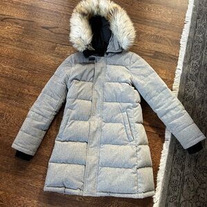 TNA Light Gray Puffer Coat with Faux Fur Hood